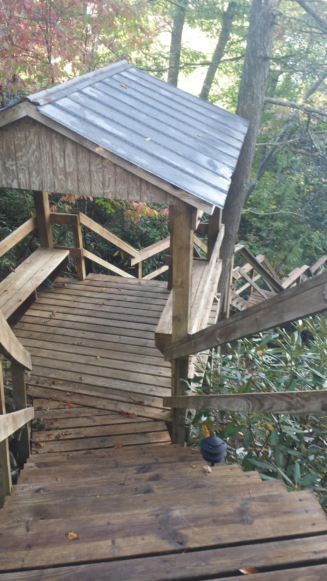 Metal roofed shelter over wooden steps on a wooded walkway — Skylight Repair & Installation work by our crew in Belle Haven